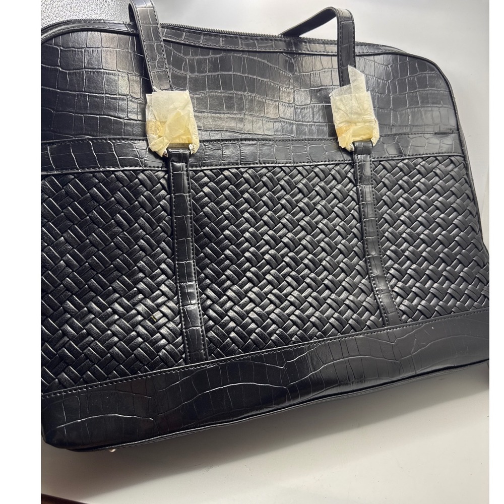 Coldwater Creek Hampton Computer Bag Black Woven Croc Embossed Laptop Tote NWT - Picture 4 of 12